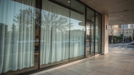modern storefront featuring floor-to-ceiling glass and sheer curtains facing a quiet city street at golden hour.の素材
