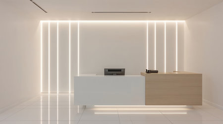 minimalist reception interior featuring a sleek white and light-wood desk set against vertical LED wall strips.の素材