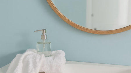 minimalist bathroom scene featuring a clear glass soap dispenser with a stainless pump resting on a plush white towel beside a sleek countertop.の素材