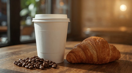 disposable coffee cup beside a flaky croissant and scattered roasted beans on a rustic wooden table.の素材