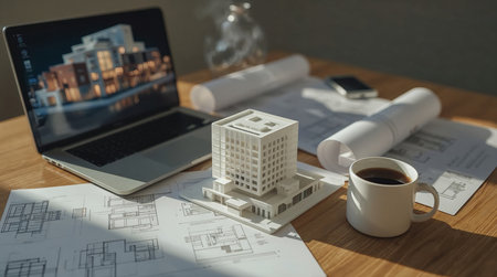 architectural workspace featuring a white scale model of a modern multi-story building on top of technical drawings.の素材