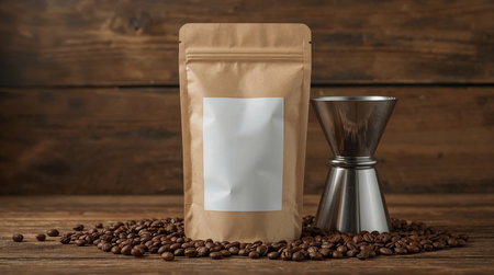 kraft paper stand-up pouch with a blank white label, surrounded by roasted coffee beans on a rustic wooden tabletop.の素材