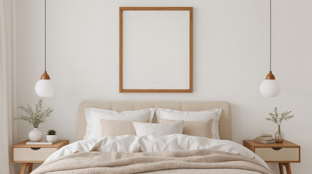 minimalist bedroom interior featuring a beige upholstered bed, layered white bedding, and textured throws.の素材