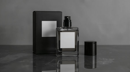 minimalist perfume bottle with a blank white label beside a matching black carton and detached cap, set on a reflective stone surface against a soft gray background.の素材