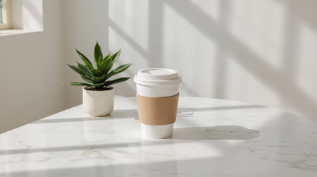 minimalist scene featuring a white takeaway coffee cup with a kraft sleeve and plastic lid on a polished marble table.の素材