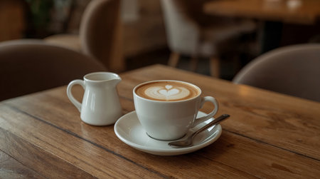 cappuccino in a white cup with a heart design in silky foam, resting on a saucer with a spoon beside a small ceramic creamer.の素材