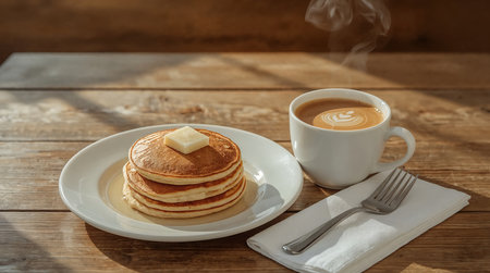 warm morning breakfast scene featuring a stack of golden pancakes topped with melting butter on a white plate beside a steaming latte with delicate foam art.の素材