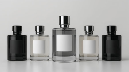 five sleek perfume bottles arranged in a straight row on a neutral background.の素材