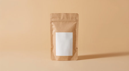 kraft paper stand-up pouch with a blank white label, centered against a warm beige studio background.の素材