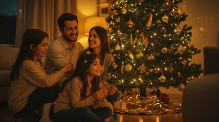 A smiling family relaxes together in a warm living room beside a glowing Christmas tree adorned with golden ornaments and twinkling lights.の素材