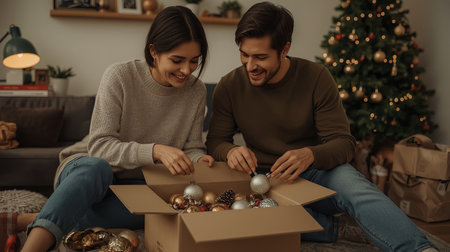 A smiling couple sits on the floor unpacking glittering Christmas ornaments from a cardboard box beside a softly lit tree.の素材