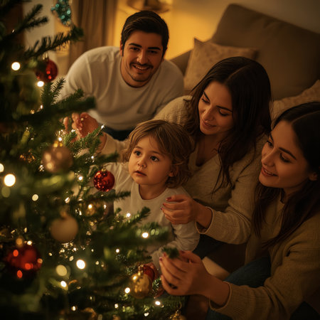 A smiling family decorates a glowing Christmas tree in a cozy living room, with a child gazing at sparkling ornaments.の素材