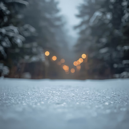 Shallow depth of field captures icy snow crystals in the foreground as warm bokeh lights glow along a misty winter forest path.の素材