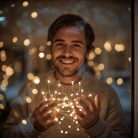 A cheerful man in a cozy sweater holds glowing string lights by a window, surrounded by warm bokeh.の素材