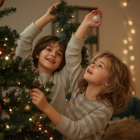Two cheerful children decorate a Christmas tree with ornaments and garland in a cozy, warmly lit living room.の素材