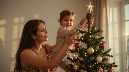 A smiling mother lifts her toddler to place a star atop a decorated Christmas tree in warm evening light.の素材