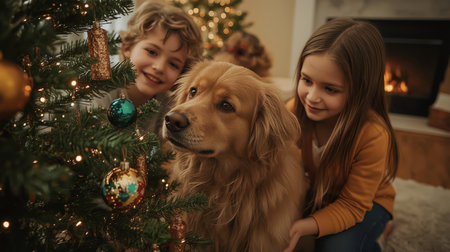 A golden retriever and two children gaze at sparkling ornaments on a warmly lit Christmas tree near a cozy fireplace.の素材