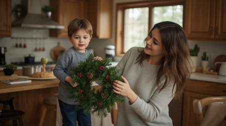 A smiling mother helps her young son hold a festive evergreen wreath with red berries and pinecones in a warm, sunlit kitchen.の素材