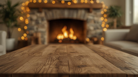 A rustic wooden tabletop in sharp focus frames a softly blurred stone fireplace with warm bokeh lights in a cozy living room.の素材