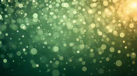 Soft bokeh circles drift across a green to gold gradient, creating a luminous festive background.の素材