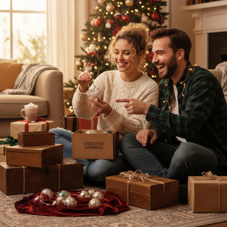 A cheerful young couple unpacks vintage glass ornaments from a memory box on a rug, surrounded by wrapped gifts and warm fairy lights near a beautifully decorated Christmas tree.の素材