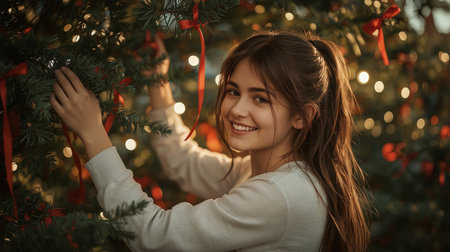 A smiling teenage girl decorates a Christmas tree with red ribbons amid warm bokeh lights.の素材