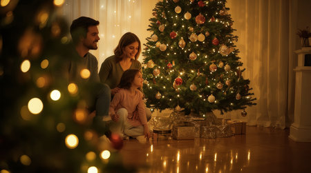A smiling family sits beside a decorated Christmas tree, with warm fairy lights and wrapped gifts reflecting on the polished wooden floor.の素材