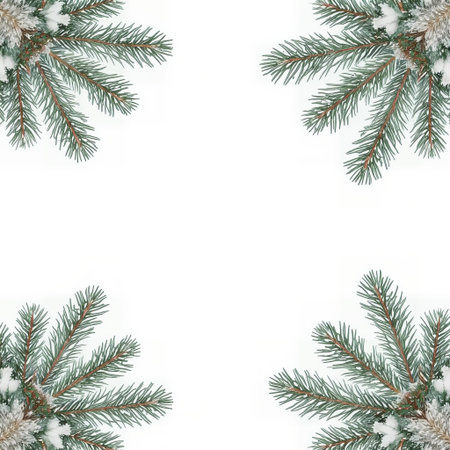 Frosted evergreen sprigs frame a clean white background with subtle winter texture.の素材
