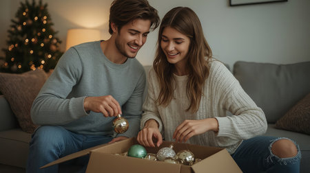 A smiling couple unpacks shiny ornaments from a box in a softly lit living room with a decorated tree.の素材