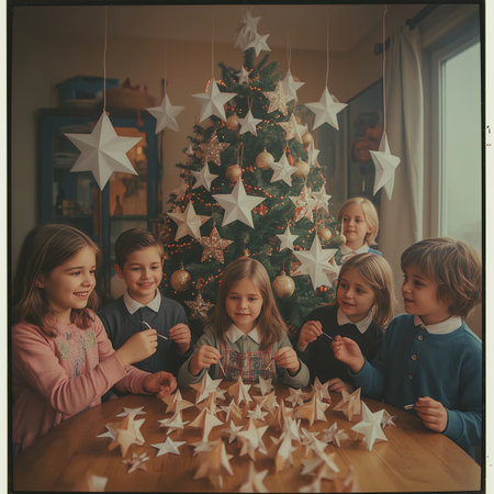 A group of children gather at a wooden table to make paper star ornaments beside a warmly lit Christmas tree.の素材
