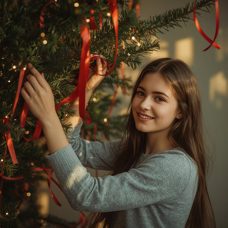 A cheerful teenage girl decorates a lush Christmas tree with red ribbons and twinkling lights in warm afternoon sunlight.の素材
