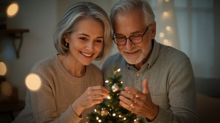 Smiling senior couple decorates a small Christmas tree with warm fairy lights at home in a softly lit evening.の素材