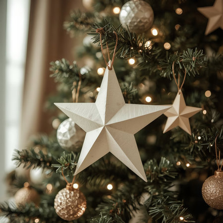 Close-up of a Christmas tree adorned with paper star ornaments, gold baubles, and warm twinkling lights.の素材