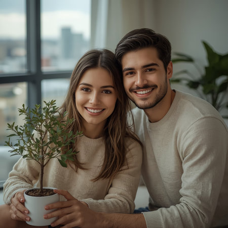 A cheerful young couple in cozy neutral sweaters holds a small potted plant by a large window in a bright apartment.の素材
