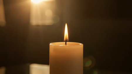 A single white candle burns with a gentle golden flame, casting warm light against a dark, softly blurred background.の素材