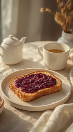 A slice of toast with glossy berry jam rests on a white plate beside a cup of tea and a teapot in warm morning sunlight.の素材