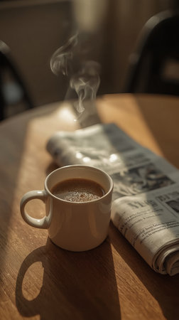 A steaming cup of coffee sits beside a rolled newspaper on a wooden table, bathed in warm morning light.の素材