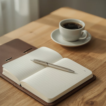 A silver pen rests on a lined notebook beside a cup of coffee on a wooden desk bathed in warm morning light.の素材