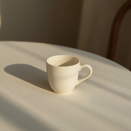 A white ceramic mug rests on a smooth table as warm sunlight creates soft shadows and gentle highlights.の素材