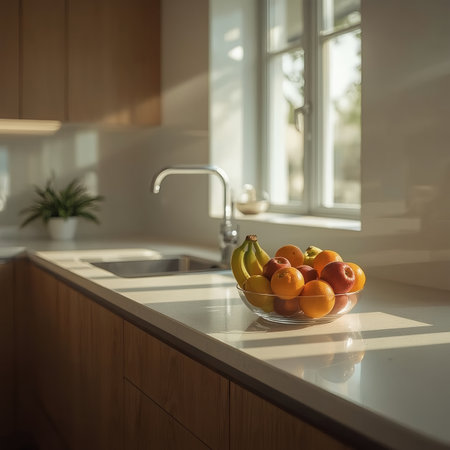 Warm sunlight streams through a window onto a sleek quartz countertop, highlighting a glass bowl of bananas, apples, and oranges in a tidy modern kitchen.の素材