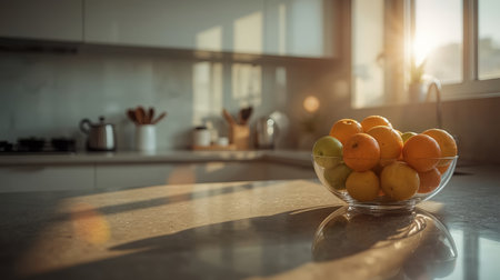 A glass bowl filled with oranges, lemons, and limes sits on a sleek countertop as warm morning sunlight streams through the kitchen window.の素材