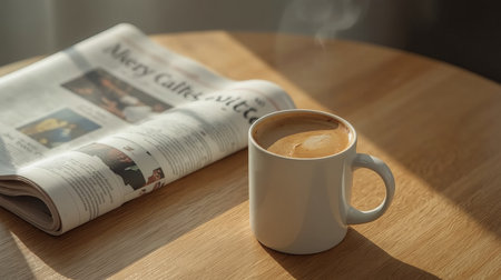 A white ceramic mug of steaming coffee sits beside a folded newspaper on a wooden table, bathed in warm morning light.の素材