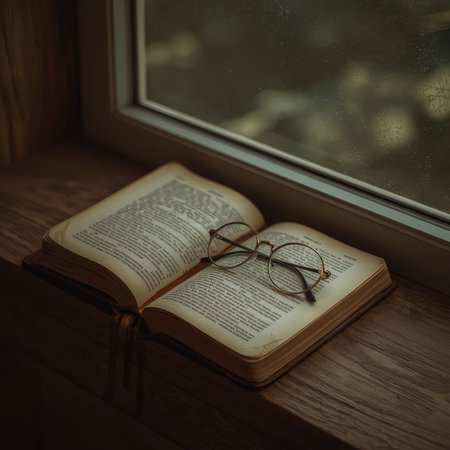 An open leatherbound book with round glasses rests on a wooden windowsill, bathed in warm, moody light.の素材