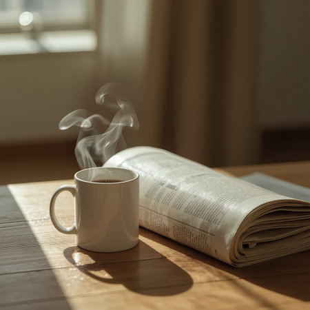 A white ceramic mug of hot coffee releases curling steam beside a folded newspaper on a sunlit wooden table.の素材
