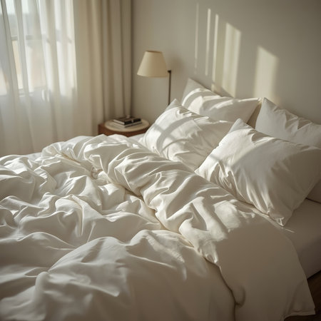 Soft morning light falls across a rumpled white bed in a serene minimalist bedroom.の素材