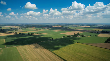Expansive aerial view of geometric farmland under a vivid blue sky with cumulus clouds casting soft shadows across green and golden fields.の素材