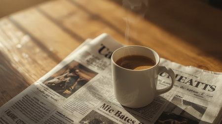A white mug of hot coffee rests on a folded newspaper in soft morning sunlight on a wooden table.の素材
