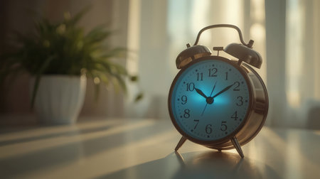 A vintage twin bell alarm clock with a blue dial rests on a sunlit desk, casting soft shadows beside a blurred potted plant.の素材