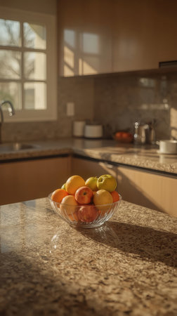 Warm morning light falls across a granite countertop where a glass bowl of apples and citrus sits in a calm modern kitchen.の素材