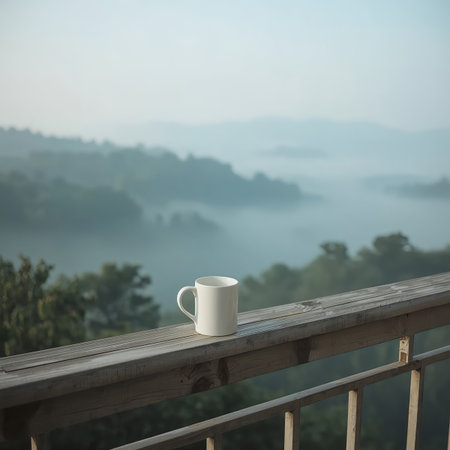 A white ceramic mug rests on a wooden balcony rail, facing a serene landscape of misty hills and soft morning light.の素材